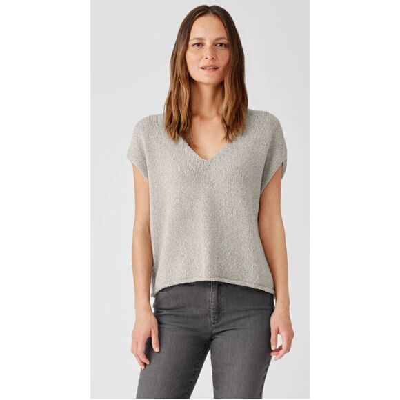 Eileen Fisher Alpaca & Organic Cotton V Neck Sweater in Moon NWT Size X-Large - Picture 2 of 9